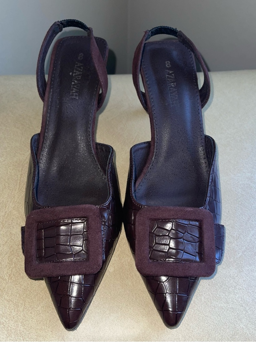 Azarayah Brown Croc Embossed Slingback Heels Buckle Pointed Toe Size 8
